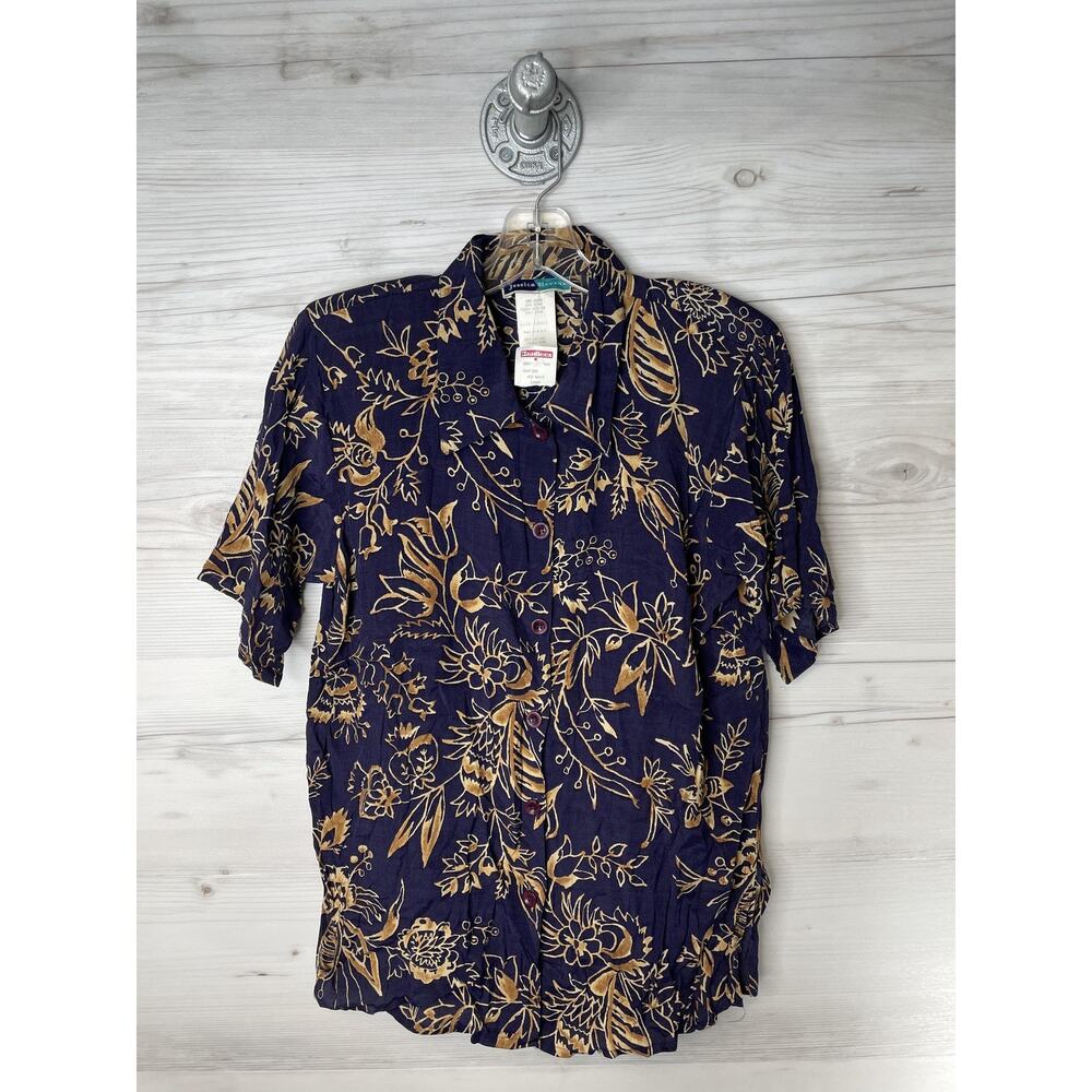 VINTAGE Jessica Stevens Shirt Womens Small Navy Floral Rayon Camp 90s Made USA‎